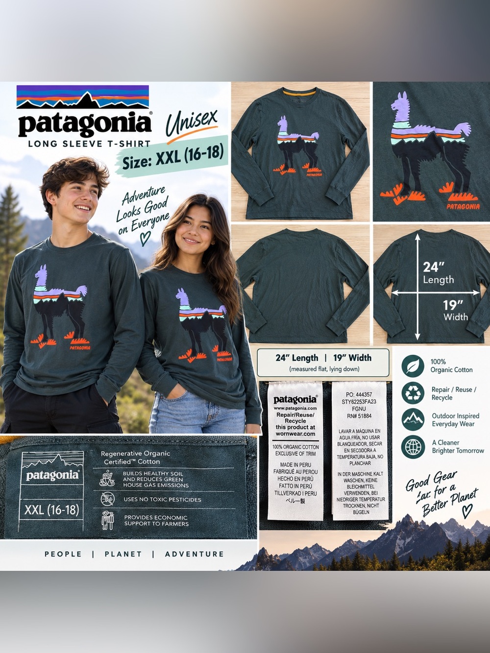 Patagonia Unisex Youth Long Sleeve T-Shirt XXL 16-18 Llama Organic Cotton
